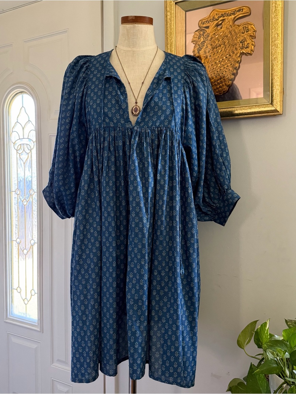 Cottagecore Faherty Lyla Indigo Blue print Puff Sleeve Frock dress Small EUC